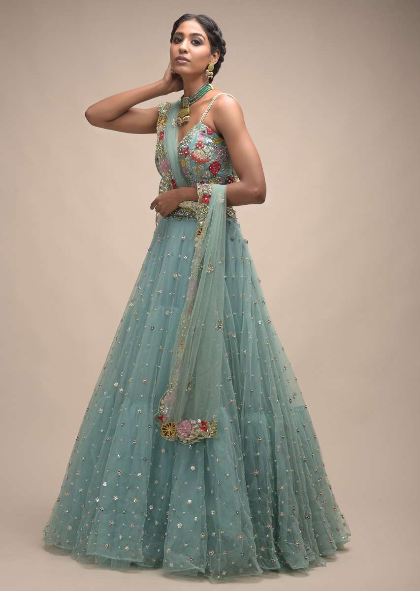 Sage Green Lehenga In Net With Flower Sequin Buttis And Resham Embroidered Crop Top