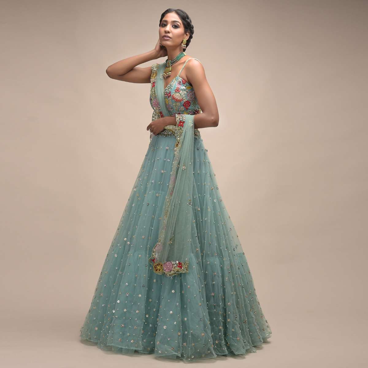 Sage Green Lehenga In Net With Flower Sequin Buttis And Resham Embroidered Crop Top