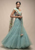 Sage Green Lehenga In Net With Flower Sequin Buttis And Resham Embroidered Crop Top