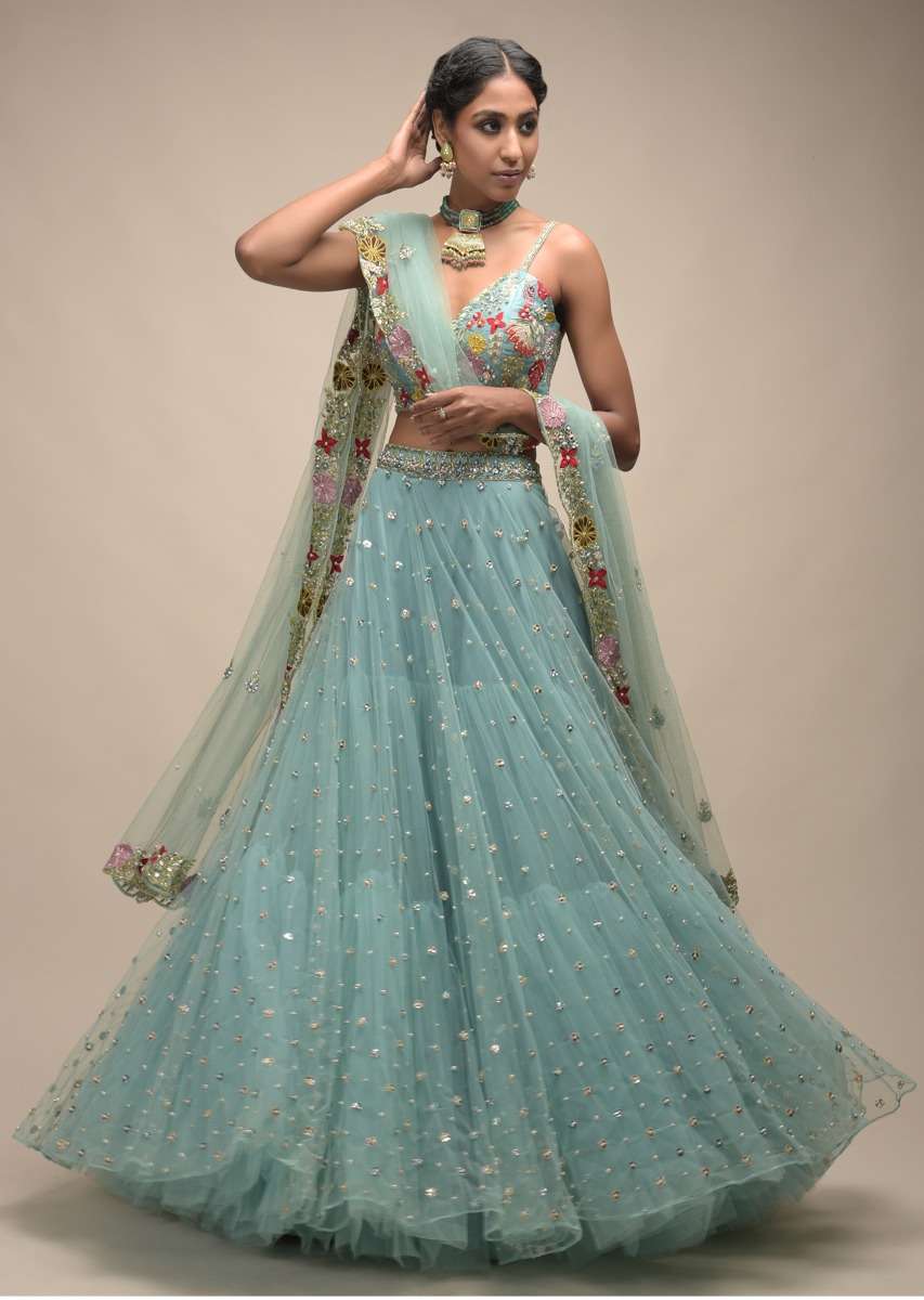 Sage Green Lehenga In Net With Flower Sequin Buttis And Resham Embroidered Crop Top