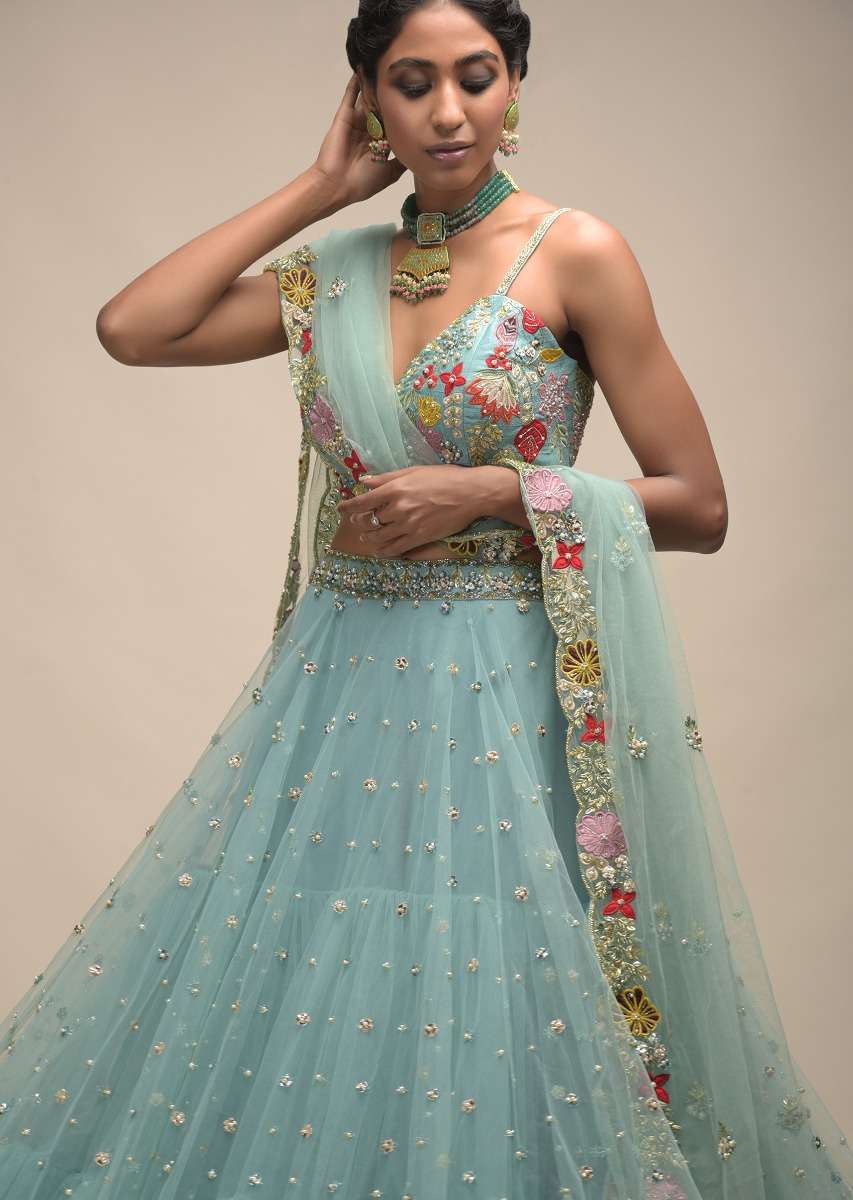 Sage Green Lehenga In Net With Flower Sequin Buttis And Resham Embroidered Crop Top