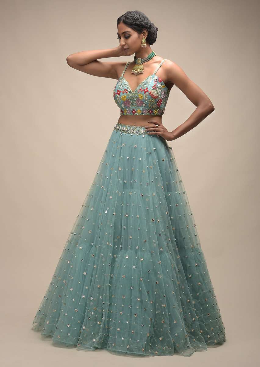 Sage Green Lehenga In Net With Flower Sequin Buttis And Resham Embroidered Crop Top