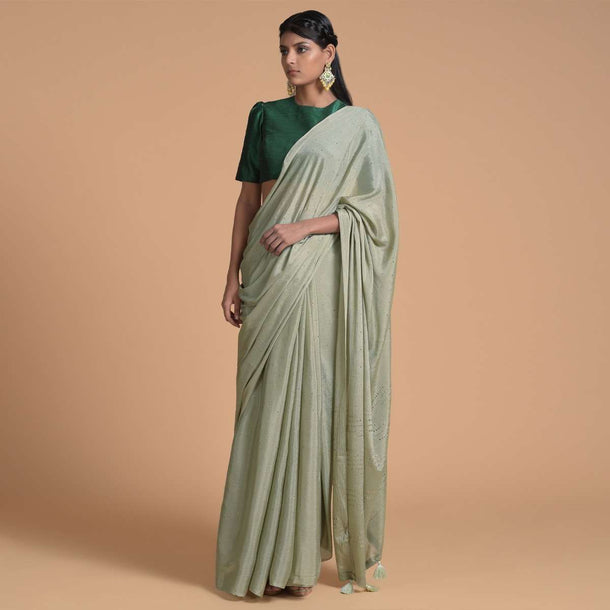 Sage Green Saree In Chiffon Embellished With Scattered Badla Work Online - Kalki Fashion