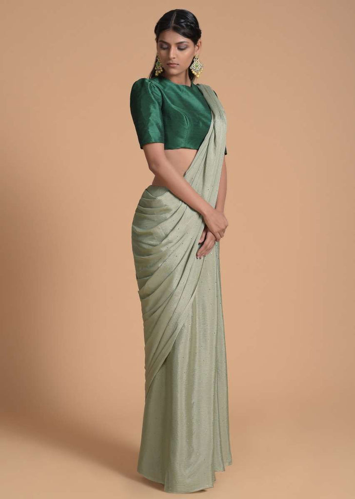 Sage Green Saree In Chiffon Embellished With Scattered Badla Work Online - Kalki Fashion