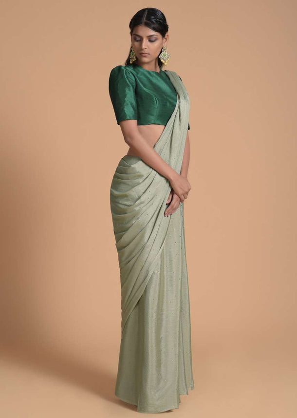 Sage Green Saree In Chiffon Embellished With Scattered Badla Work Online - Kalki Fashion