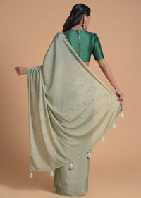 Sage Green Saree In Chiffon Embellished With Scattered Badla Work Online - Kalki Fashion