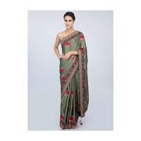 Sage green satin saree with multi color floral resham embroidery and butti only on kalki