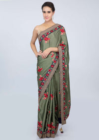 Sage green satin saree with multi color floral resham embroidery and butti only on kalki