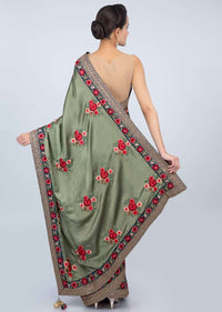 Sage green satin saree with multi color floral resham embroidery and butti only on kalki