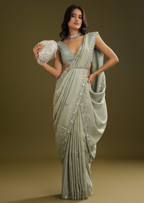 Sage Green Tissue Floral Embroidered Saree With Cutdana And Sequin Work