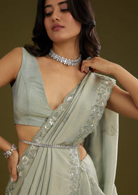 Sage Green Tissue Floral Embroidered Saree With Cutdana And Sequin Work