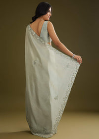 Sage Green Tissue Floral Embroidered Saree With Cutdana And Sequin Work