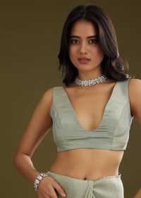 Sage Green Tissue Floral Embroidered Saree With Cutdana And Sequin Work