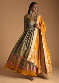 Pista Green Cotton Silk Fabricated Anarkali Suit With Bandhani And Patola Printed Jaal