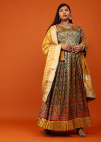 Pista Green Cotton Silk Fabricated Anarkali Suit With Bandhani And Patola Printed Jaal