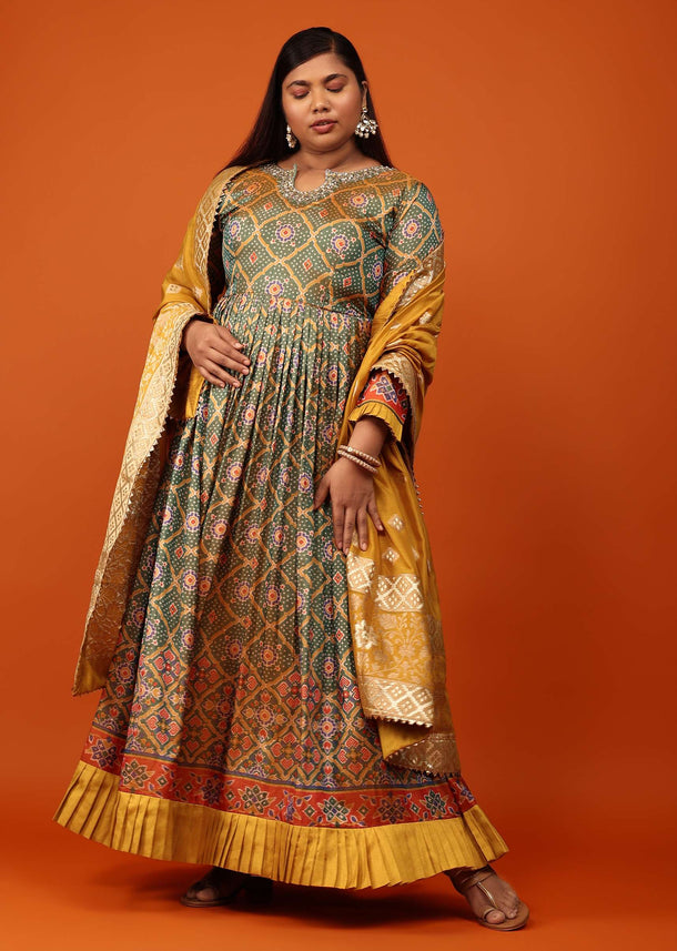 Pista Green Cotton Silk Fabricated Anarkali Suit With Bandhani And Patola Printed Jaal