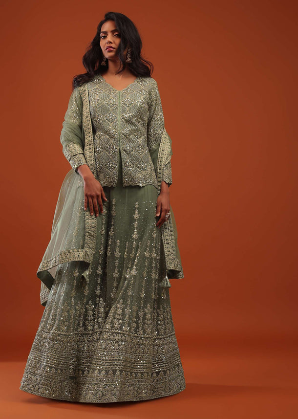 Sage Green Embroidered Sharara Suit In Net