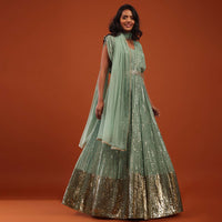 Sage Green Georgette Anarkali Suit In Sequins And Sali Work