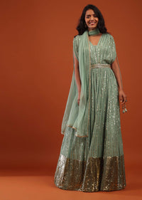 Sage Green Georgette Anarkali Suit In Sequins And Sali Work