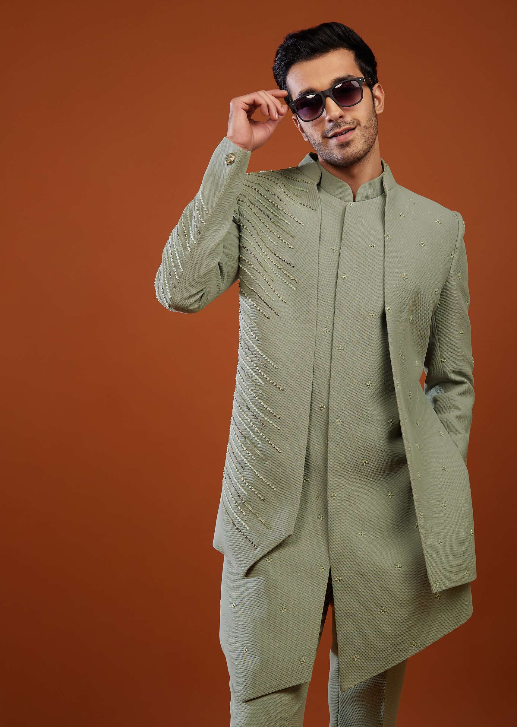 Pista Green Pearl Embroidered Sherwani Set In Imported Suiting Fabric