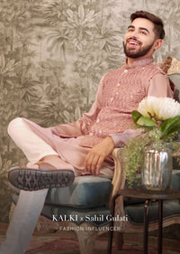 Mauve Nehru Jacket And Kurta Set In Raw Silk With Resham And Mirror Abla Embroidered Geometric Jaal