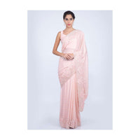 Salmon peach heavy embroidered satin saree with stone, pearl and cut dana embroidery only on kalki