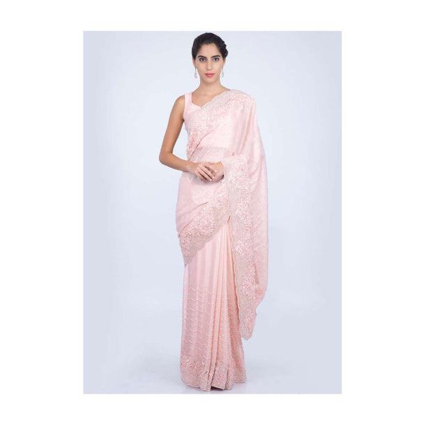 Salmon peach heavy embroidered satin saree with stone, pearl and cut dana embroidery only on kalki