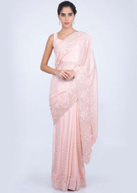 Salmon peach heavy embroidered satin saree with stone, pearl and cut dana embroidery only on kalki