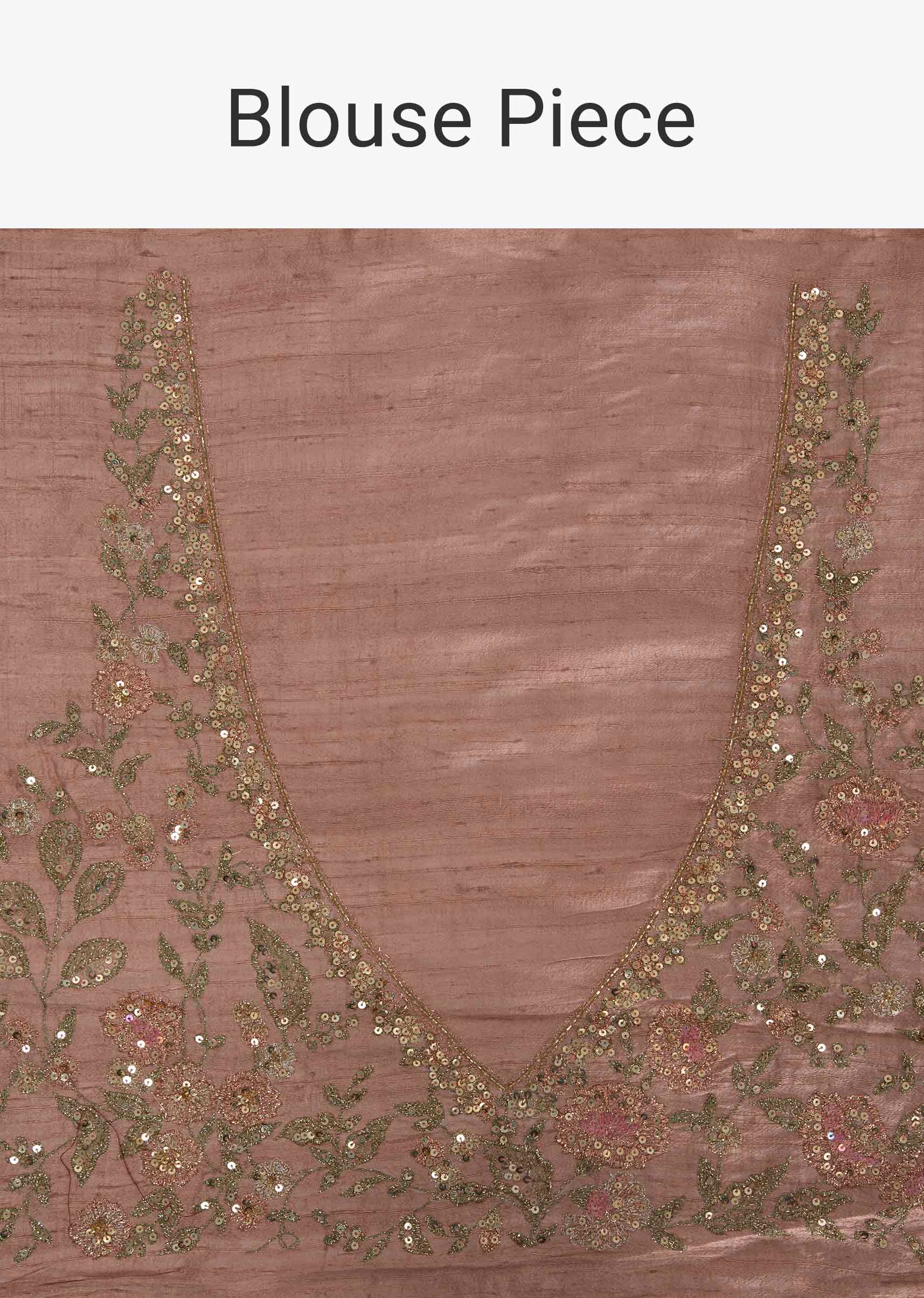 Salmon peach resham embroidered saree with fancy tassel border