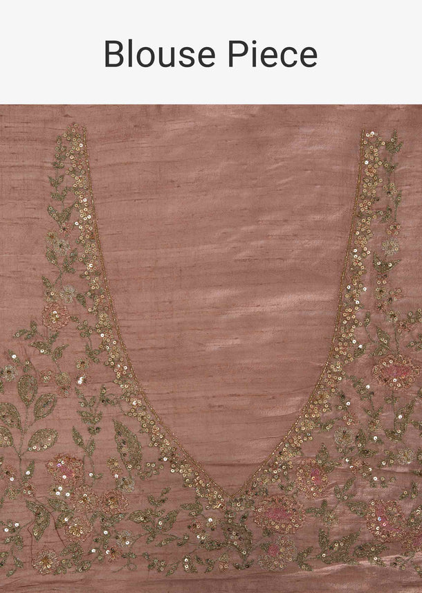 Salmon peach resham embroidered saree with fancy tassel border