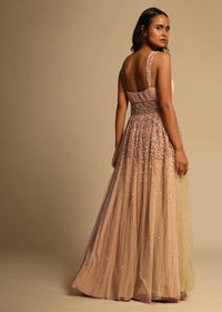 Salmon Pink Gown In Pleated Lycra With 3d Flower Embroidered Net Top Layer Online - Kalki Fashion