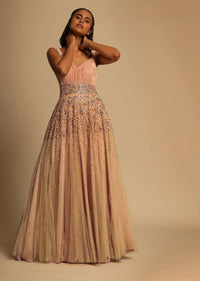 Salmon Pink Gown In Pleated Lycra With 3d Flower Embroidered Net Top Layer Online - Kalki Fashion