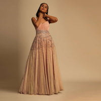 Salmon Pink Gown In Pleated Lycra With 3d Flower Embroidered Net Top Layer Online - Kalki Fashion