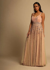 Salmon Pink Gown In Pleated Lycra With 3d Flower Embroidered Net Top Layer Online - Kalki Fashion