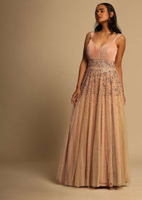 Salmon Pink Gown In Pleated Lycra With 3d Flower Embroidered Net Top Layer Online - Kalki Fashion