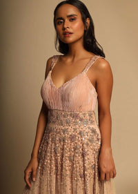 Salmon Pink Gown In Pleated Lycra With 3d Flower Embroidered Net Top Layer Online - Kalki Fashion