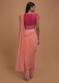 Salmon Pink Ready Pleated Dhoti Saree With Hot Pink Mirror Embellished Blouse Online - Kalki Fashion