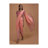 Salmon Pink Ready Pleated Dhoti Saree With Hot Pink Mirror Embellished Blouse Online - Kalki Fashion