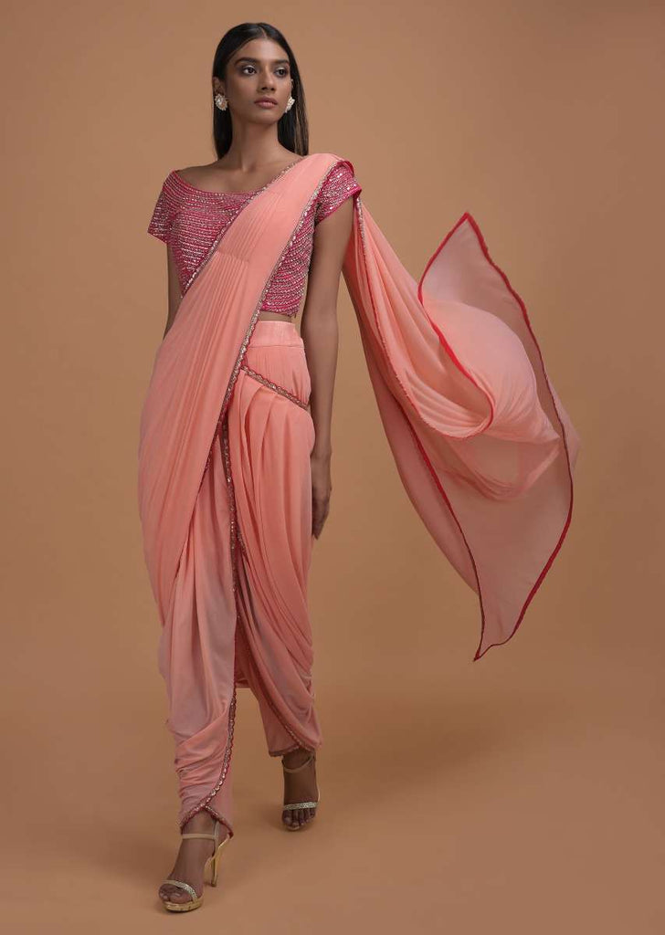 Salmon Pink Ready Pleated Dhoti Saree With Hot Pink Mirror Embellished Blouse Online - Kalki Fashion