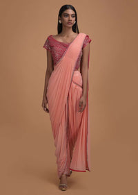 Salmon Pink Ready Pleated Dhoti Saree With Hot Pink Mirror Embellished Blouse Online - Kalki Fashion