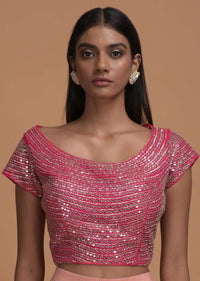 Salmon Pink Ready Pleated Dhoti Saree With Hot Pink Mirror Embellished Blouse Online - Kalki Fashion