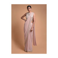 Salmon Pink Ready Pleated Saree In Soft Net With Mirror Embroidered Border Online - Kalki Fashion