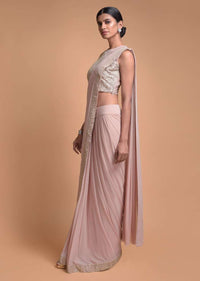 Salmon Pink Ready Pleated Saree In Soft Net With Mirror Embroidered Border Online - Kalki Fashion