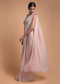 Salmon Pink Ready Pleated Saree In Soft Net With Mirror Embroidered Border Online - Kalki Fashion