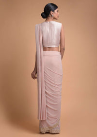 Salmon Pink Ready Pleated Saree In Soft Net With Mirror Embroidered Border Online - Kalki Fashion