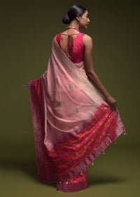 Salmon Pink Saree In Art-Loom Silk With Woven Patola Design On Fuchsia Border Online - Kalki Fashion