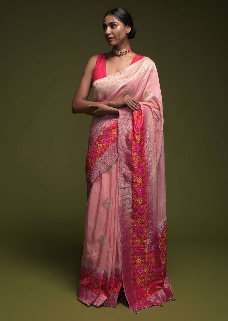 Salmon Pink Saree In Art-Loom Silk With Woven Patola Design On Fuchsia Border Online - Kalki Fashion