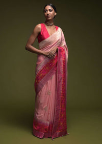 Salmon Pink Saree In Art-Loom Silk With Woven Patola Design On Fuchsia Border Online - Kalki Fashion