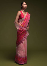 Salmon Pink Saree In Art-Loom Silk With Woven Patola Design On Fuchsia Border Online - Kalki Fashion