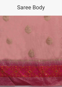 Salmon Pink Saree In Art-Loom Silk With Woven Patola Design On Fuchsia Border Online - Kalki Fashion